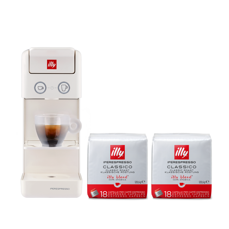 Y3.3 weiße Kaffeemaschine und Iperespresso Classico-Kapseln